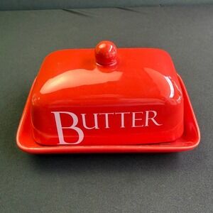 Just Mugs Red Ceramic Butter Dish Lid Set England Retro Kitchen Farmhouse Decor